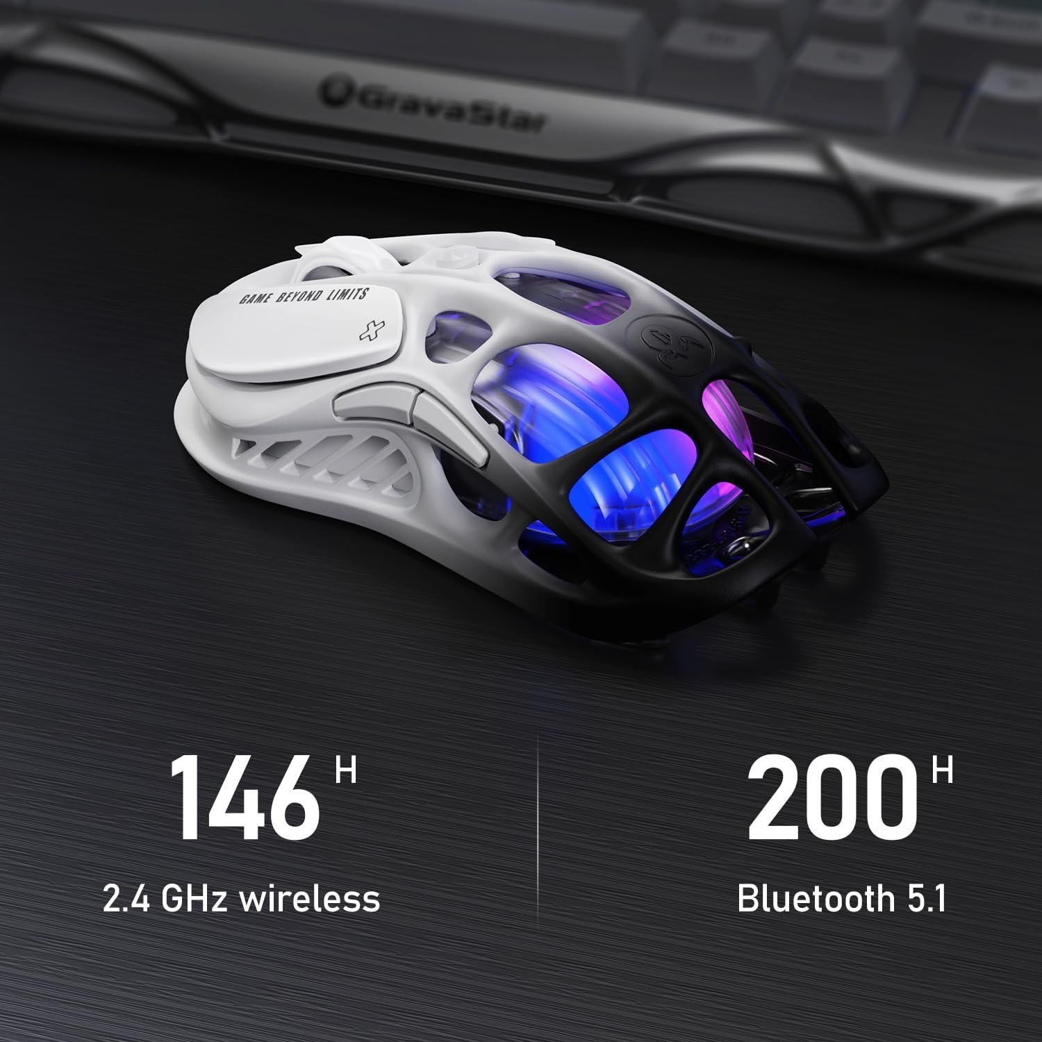 GravaStar Mercury M1 Pro Gaming Mouse, Lightweight Magnesium Alloy, 26,000 DPI, PAW3395DM Sensor, 5 Programmable Buttons, Support Wired/2.4GHz/BT, Up to 200 Hours Battery Life (Gradient Black) - Image 4